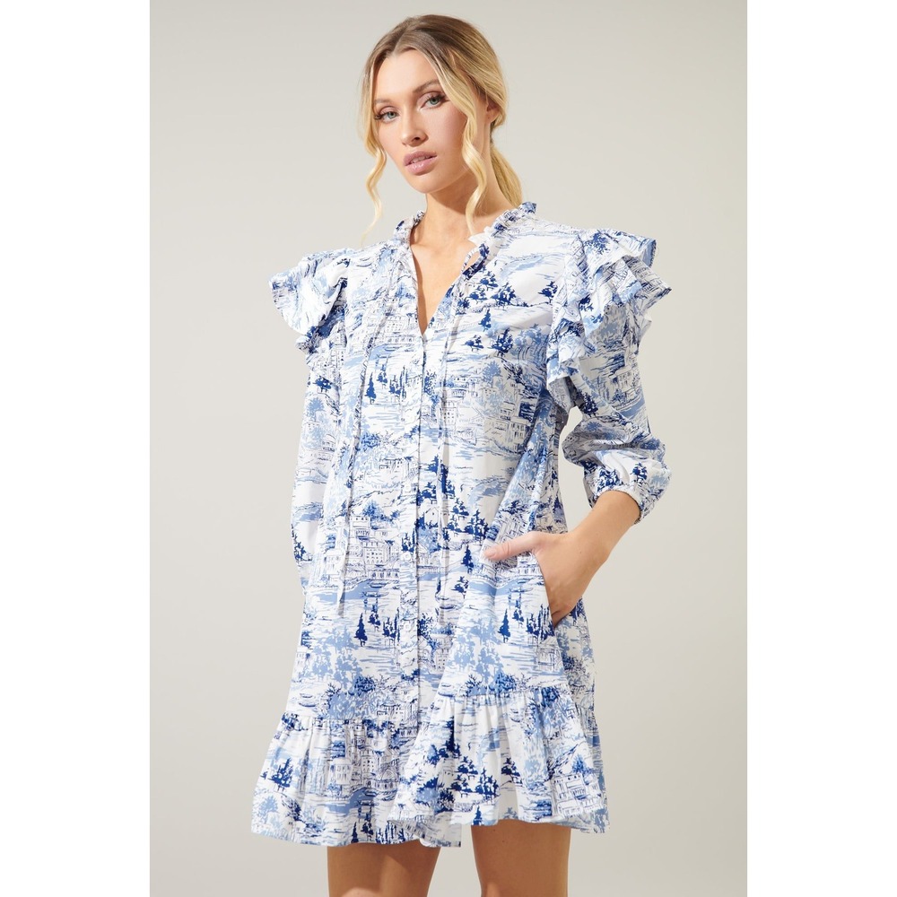 Sugarlips Francine Toile Sky Sammy Ruffle Drop Waist Dress Blue White Small